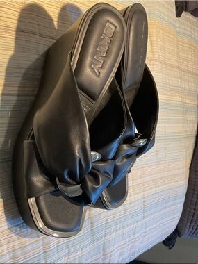 DKNY Black Knotted Leather Slide Sandals with Silver Accents